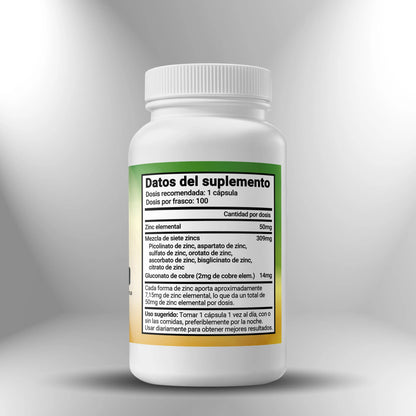 Siete Zincs + Cobre (50mg Zinc elemental) - 100 cápsulas Nootrópicos Perú